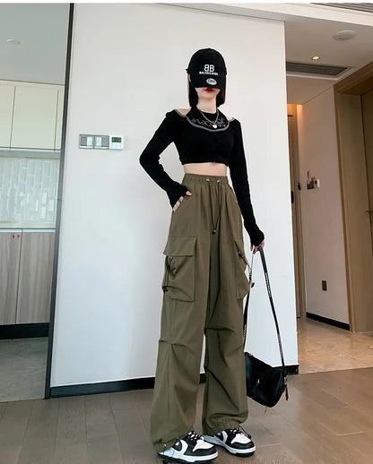 Pantalon Cargo Femme Y2K “Muuv-It” – Taille Haute & Coupe Baggy Wide Leg